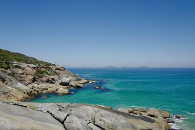 Scenic view of sea against clear blue sky