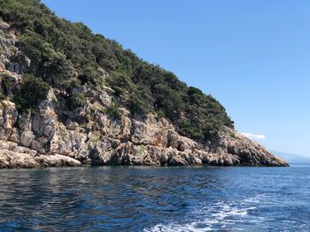 Scenic view of sea against clear blue sky