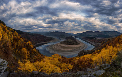 Scenic view of mountains against sky during autumn