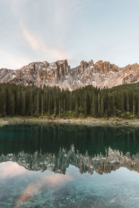 Scenic view of lake by mountains against sky