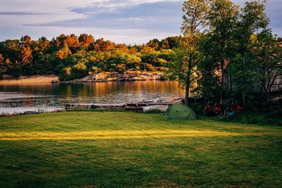 Scenic view of lake against trees during autumn