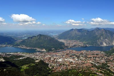 Aerial view of townscape by sea against sky