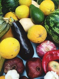 High angle view of various vegetables and fruits on table