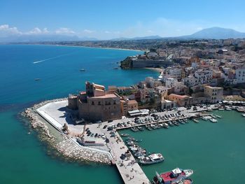 High angle view of buildings in sea