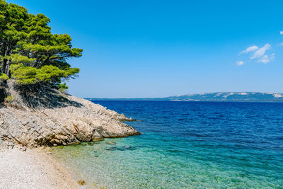 Beautiful turquoise and blue water on empty beach in amazing cove in summer.