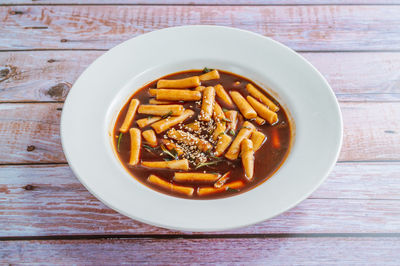 High angle view of noodles in bowl on table