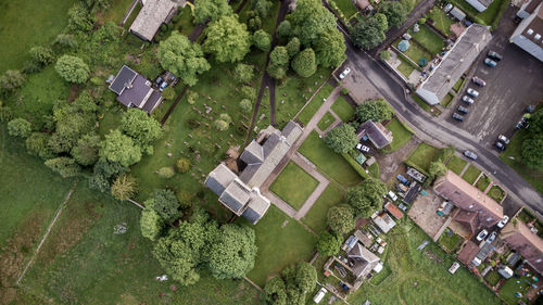 High angle view of houses and trees