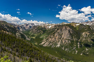 Panoramic view of landscape and mountains against blue sky