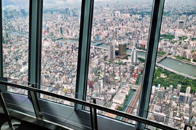 High angle view of city seen through window