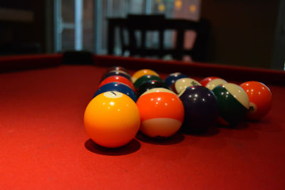 Close-up of billiard balls on pool table