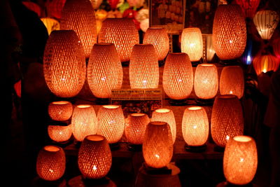 Close-up of illuminated lanterns at night