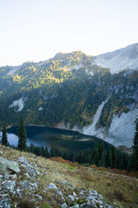 Scenic view of lake by mountains against sky