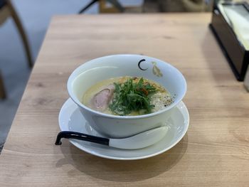 High angle view of food in bowl on table