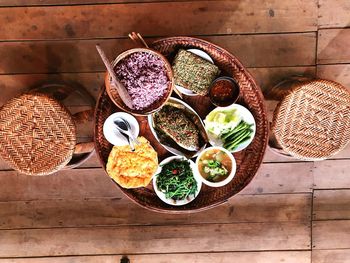 High angle view of breakfast on table