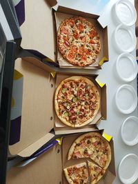 High angle view of food served on table