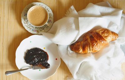 High angle view of breakfast served on table