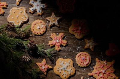 High angle view of cookies on table