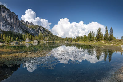 Scenic view of lake by mountains against sky