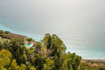 High angle view of trees by sea