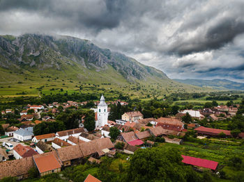 High angle view of houses and buildings in town