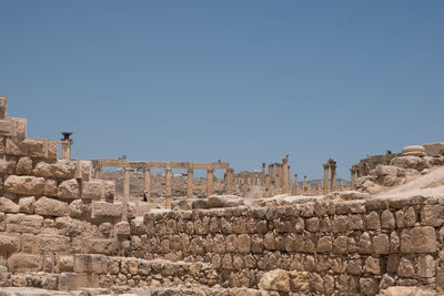 Low angle view of old ruins against clear blue sky