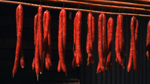 Red chili peppers hanging in row