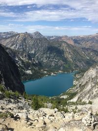 Scenic view of lake and mountains against sky