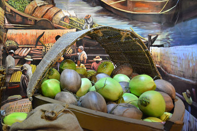 Fruits in basket for sale at market stall