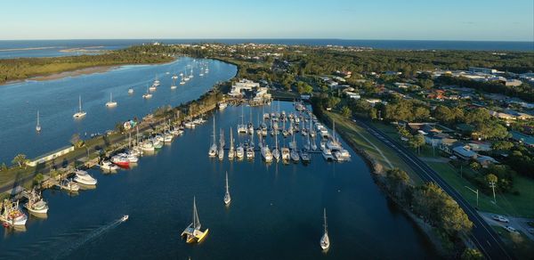 High angle view of marina at harbor