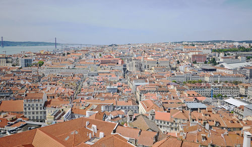 High angle view of residential district against sky