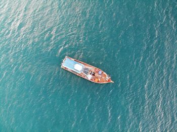 High angle view of boat sailing on sea