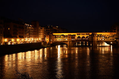 Illuminated bridge over river by buildings against sky at night