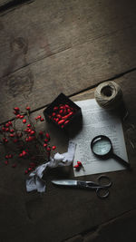 High angle view of objects on table
