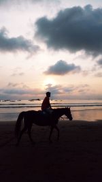 Silhouette man riding horse on beach against sunset sky
