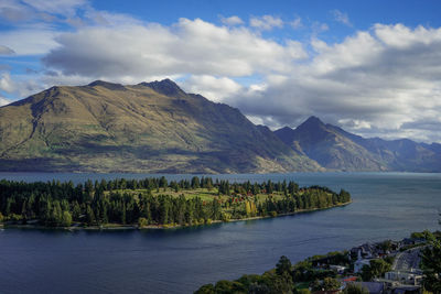 Scenic view of lake and mountains against sky