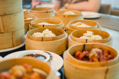 Close-up of chinese dumpling dishes in restaurant