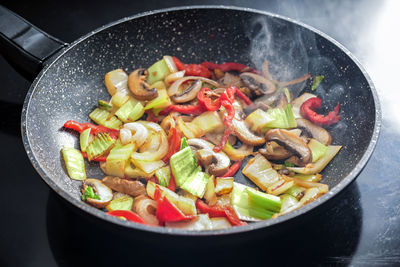 High angle view of food in cooking pan