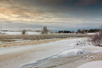 Snow covered field against cloudy sky