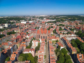 High angle view of old town against sky, aerial view on the old town in gdansk, poland