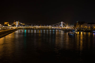 Illuminated bridge over river at night