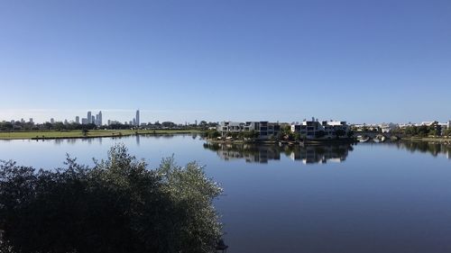 Scenic view of lake against clear blue sky