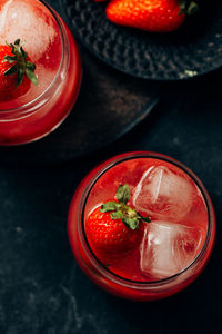 High angle view of fruits in glass on table