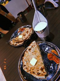 High angle view of food served on table