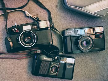 High angle view of camera on table