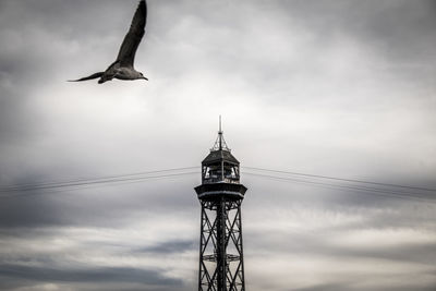 Low angle view of seagull flying against overhead cable car station