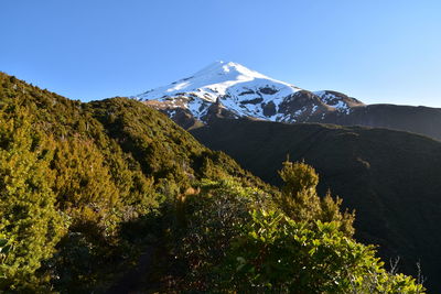 Scenic view of snowcapped mountains against clear sky