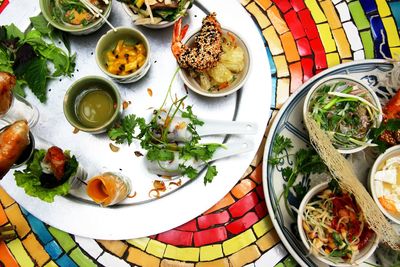 High angle view of food served on table