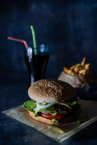 Close-up of burger on table