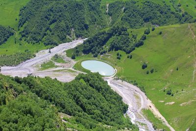 High angle view of trees and mountains