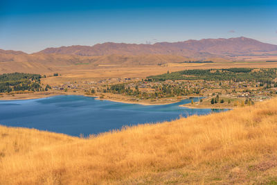 Scenic view of landscape and lake against sky